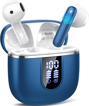 Wireless Earbuds, 2025 Bluetooth 5.4 Headphones in Ear Buds, 40H HiFi Stereo Bluetooth Earbuds with 4 ENC Noise Cancelling Mics, IP7 Waterproof Ultralight Earphones with Dual LED Display USB C, Blue