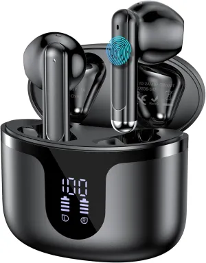 Wireless Earbuds Bluetooth 5.3 Headphones 2025 New 40Hrs Playtime Bluetooth Earbuds Hi-Fi Stereo 4 ENC Mics, Wireless Headphones IPX7 Waterproof Ear Buds LED Display USB-C, Glossy Black