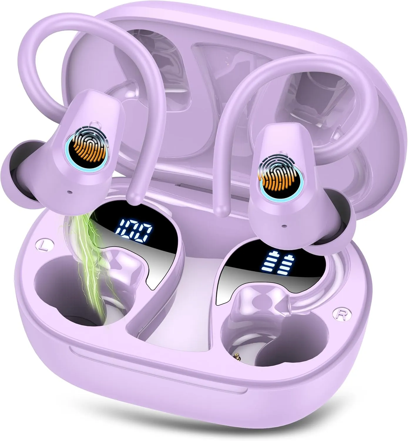Wireless Earbuds, Bluetooth 5.3 Headphones Sport, In Ear buds Wireless Earbuds Bluetooth 50H Playtime LED Display, Deep Bass Stereo Noise Cancelling Headphones, IP7 Waterproof Earphones, Bright Purple
