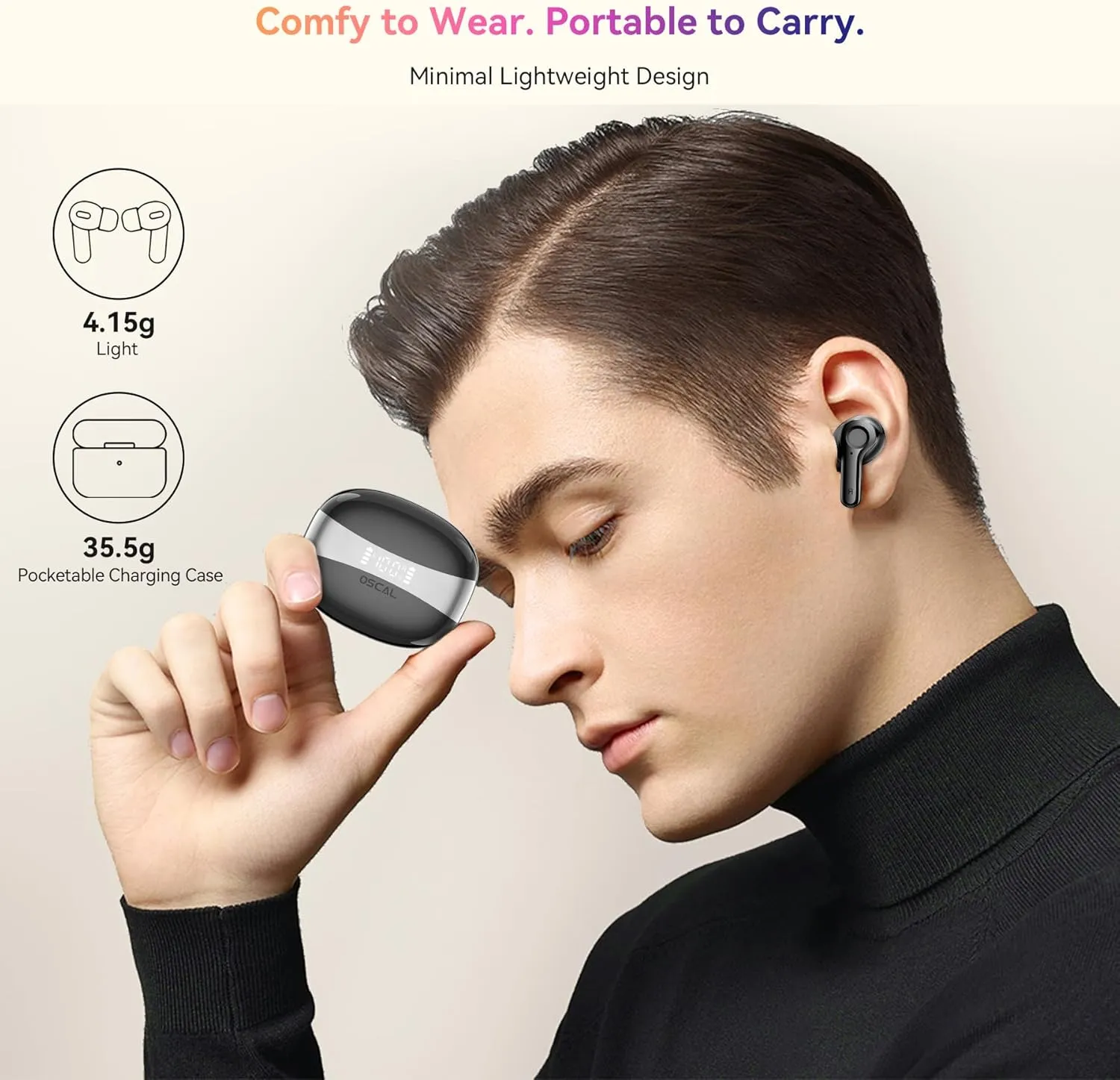 Wireless Earbuds, Bluetooth 5.4 Headphone Hi-Fi Stereo, Ear Buds with Deep Bass and Noise Cancelling Mic, Earphones with LED Display, 40H Playtime, IPX7, for Android iPhone Laptop, Sports, Black