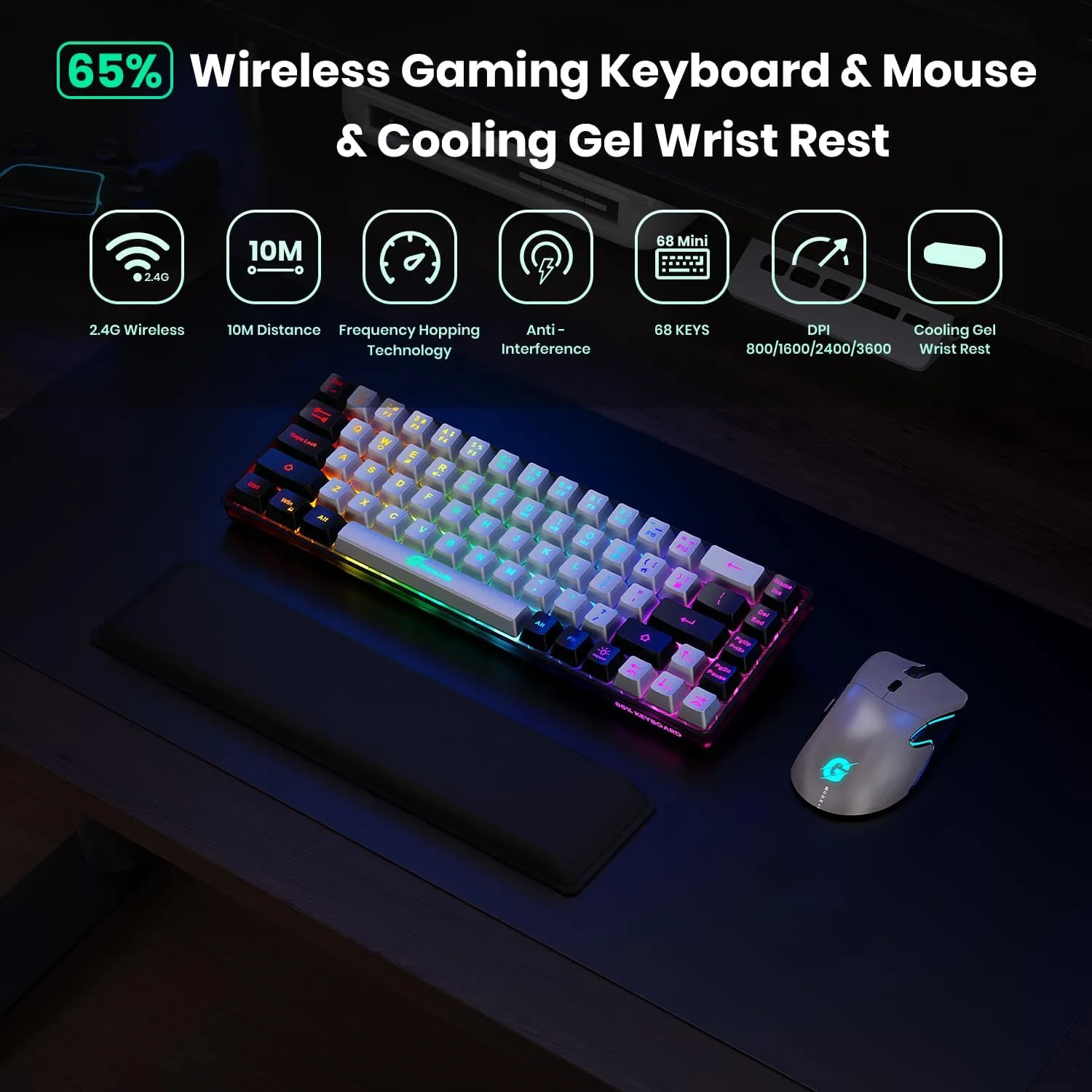 Wireless Gaming Keyboard and Mouse and Cooling Gel Wrist Rest, 68 Keys Compact Anti-ghosting No-Conflict Rechargeable Backlit Keyboard, 6D 3200DPI Mice, Cooling Gel Wrist Rest