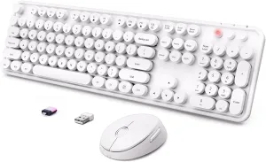 Wireless Keyboard and Mouse Combo, Ergonomic Full Size Typewriter Retro Round Keycaps Keyboard, Compatible with Windows, PC, Perfer for Home and Office KeyboardsWhite