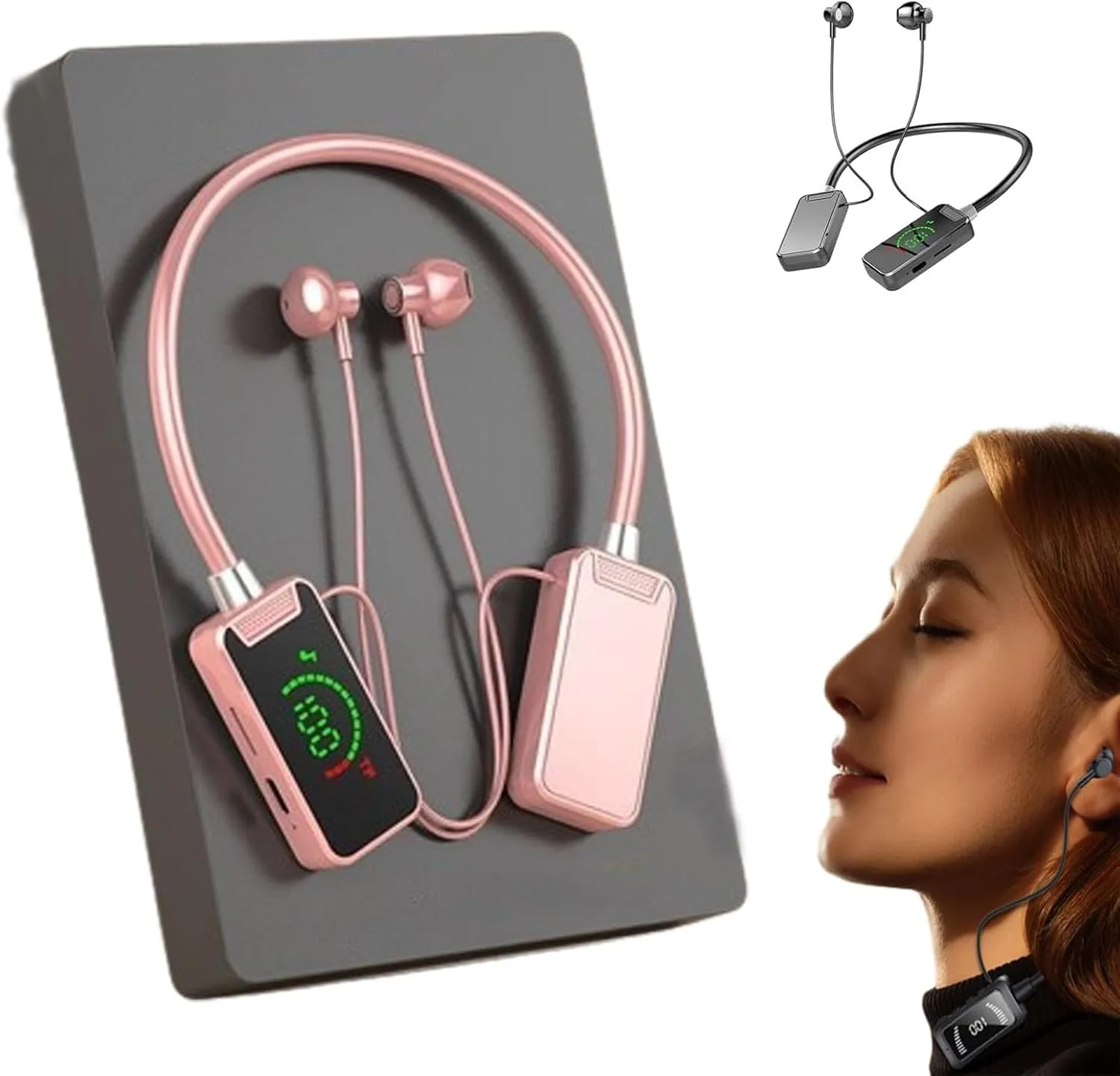 Wireless Sound Card Live Streaming Earphones, Wireless Sound Card Live Broadcasting and Audio Editing Earphones, Sweatproof Neckband Bluetooth Earphones with Display (Pink)