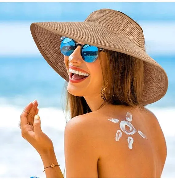 Women's UPF 50  Wide Brim Roll-up Straw Sun Hat Sun Visor