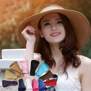 Women's UPF 50  Wide Brim Roll-up Straw Sun Hat Sun Visor
