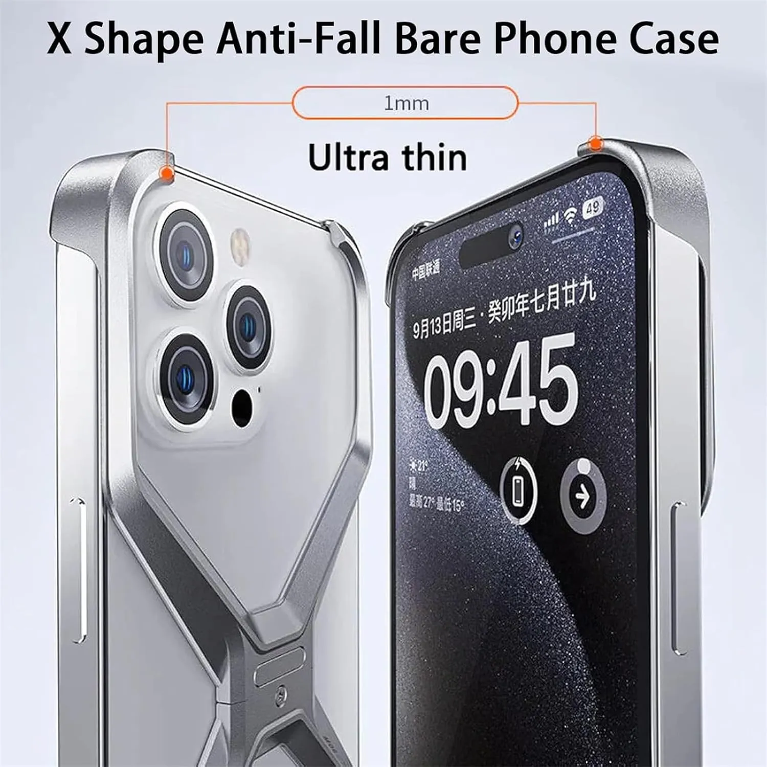 X Shape Anti-Fall Bare Phone Case, for iPhone 16 case,X Shaped Metal Frame for iPhone 16 Pro Max, Dissipate Heat Aluminum Alloy Anti-Fall Metal Corner Pad Cases for iPhone 16 (Black,13 pro max)