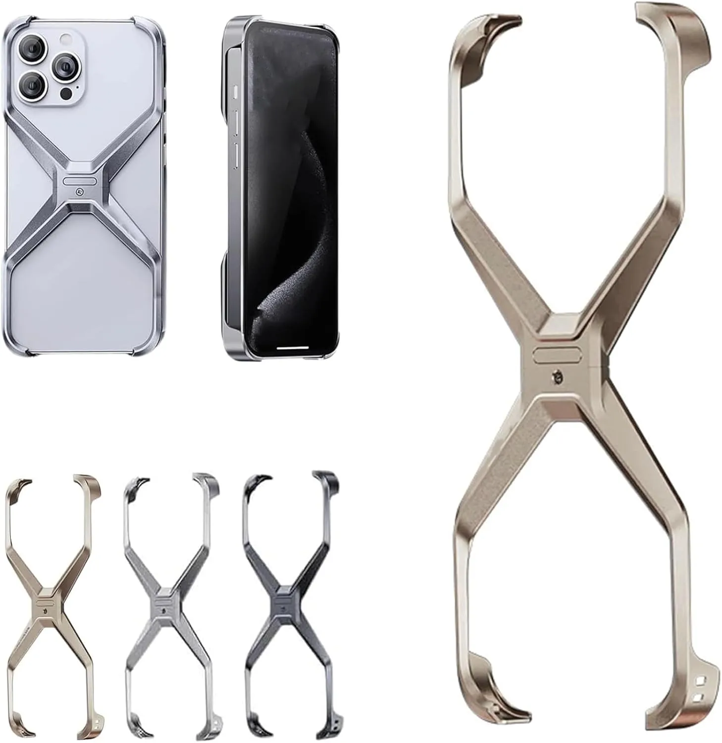 X Shape Anti-Fall Bare Phone Case, Metal Corner Pad Anti-Fall Phone Case, X Shaped Hollow Frameless Cooling Case for iPhone 16 15 14 13 Pro Max (16,Gold)