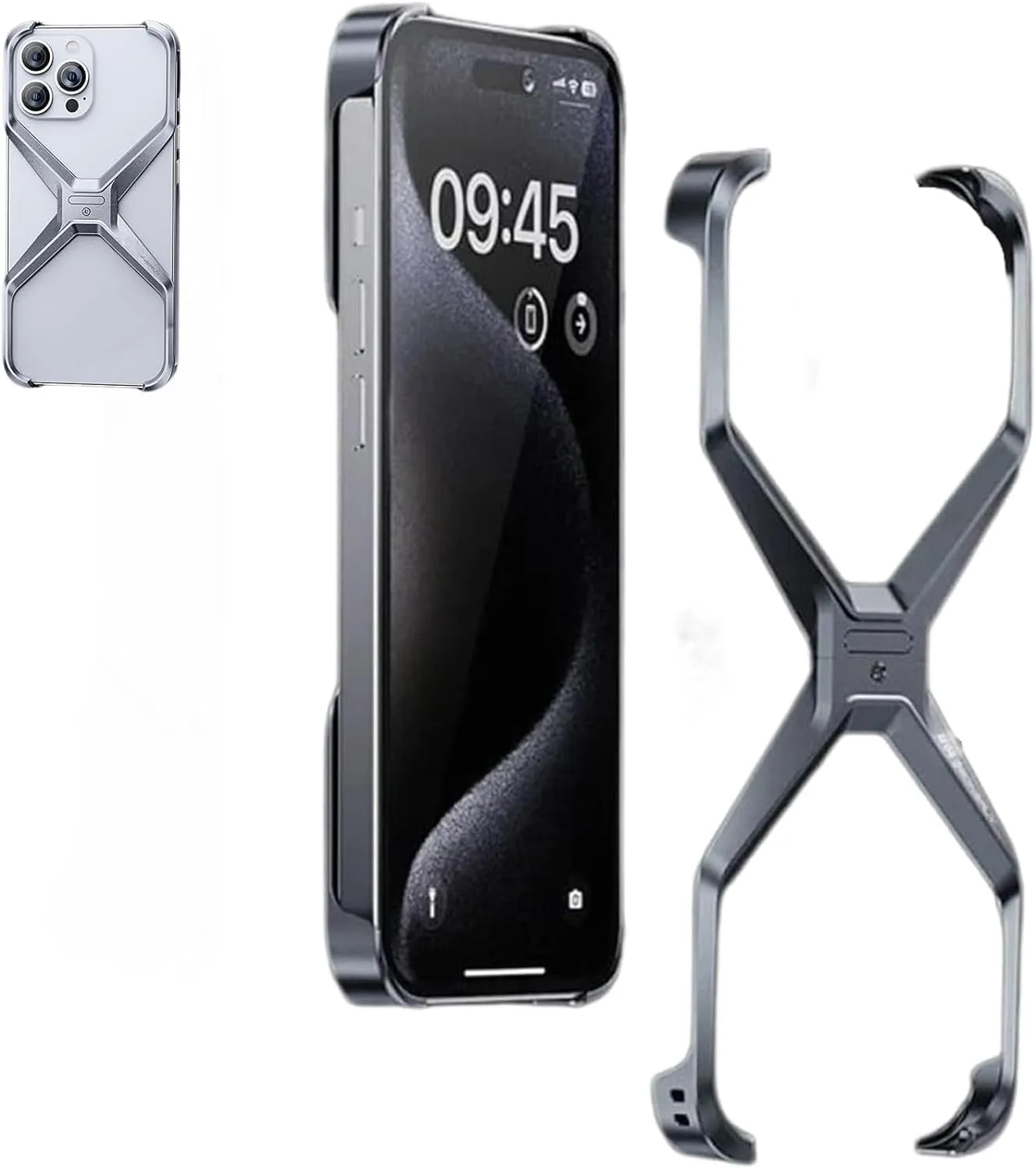 X Shape Anti-Fall Bare Phone Case, X Shaped Metal Frame for iPhone 13/15/14/16 Pro Max, Dissipate Heat Frameless Aluminum Alloy, Metal Corner Pad Anti-Fall Phone Case (Gray, for iPhone 14/13)