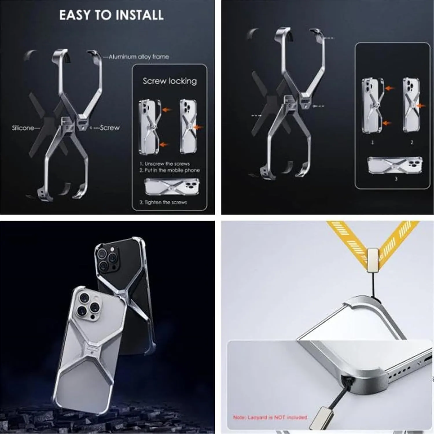 X Shape Anti-Fall Phone Case, X Shaped Metal Frame for iPhone 15/14/13 Pro Max, Dissipate Heat Frameless Aluminum Alloy, Metal Corner Pad Anti-Fall Phone Case (Dark Gray,14ProMax)