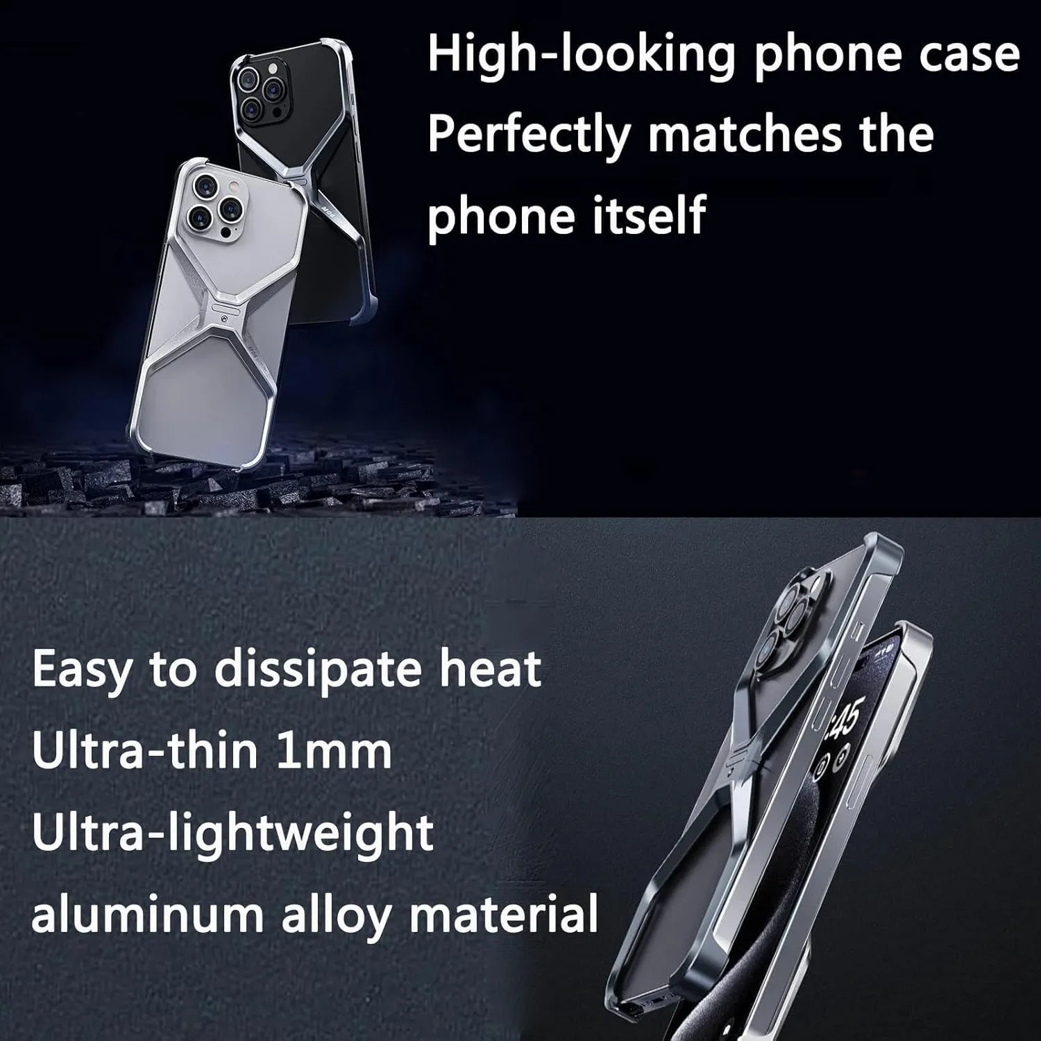 X Shape Anti-Fall Phone Case, X Shaped Metal Frame for iPhone 15/14/13 Pro Max, Dissipate Heat Frameless Aluminum Alloy, Metal Corner Pad Anti-Fall Phone Case (Dark Gray,14ProMax)