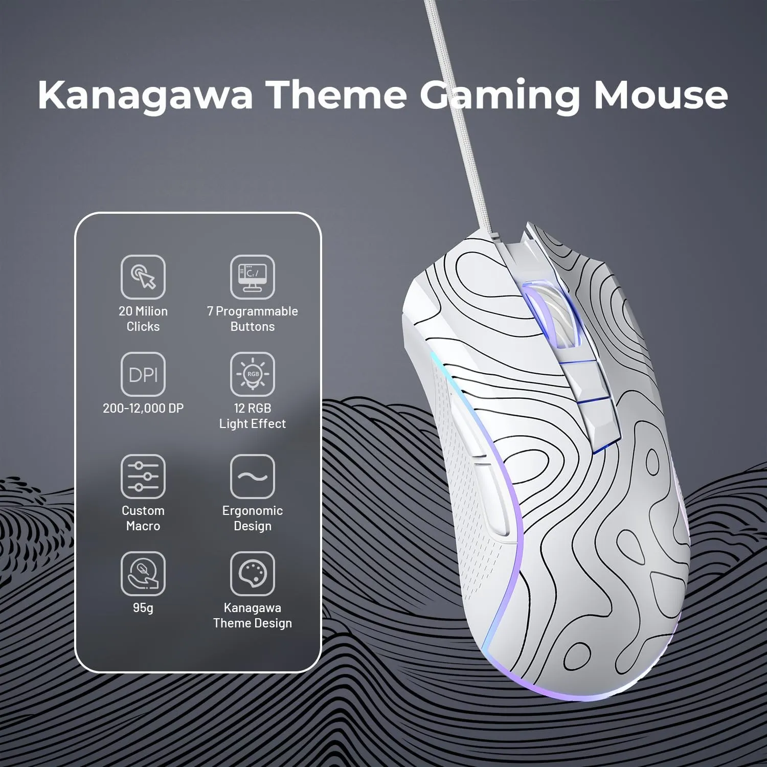 XVX G705 Wired Gaming Mouse, 12000 DPI RGB Gaming Mouse with 12 Backlit Modes & 7 Macro Buttons, PC Gaming Mice Support DIY Keybinding, Mouse Gamer Computer Mouse for Laptop PC Mac Windows,Topographic