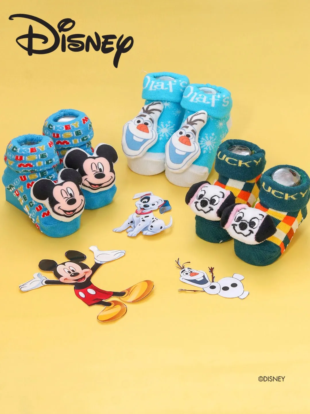 Yellow Bee Disney 3D Socks Trio for Boys – Mickey Mouse, 101 Dalmatians Lucky Dog, and Frozen Olaf