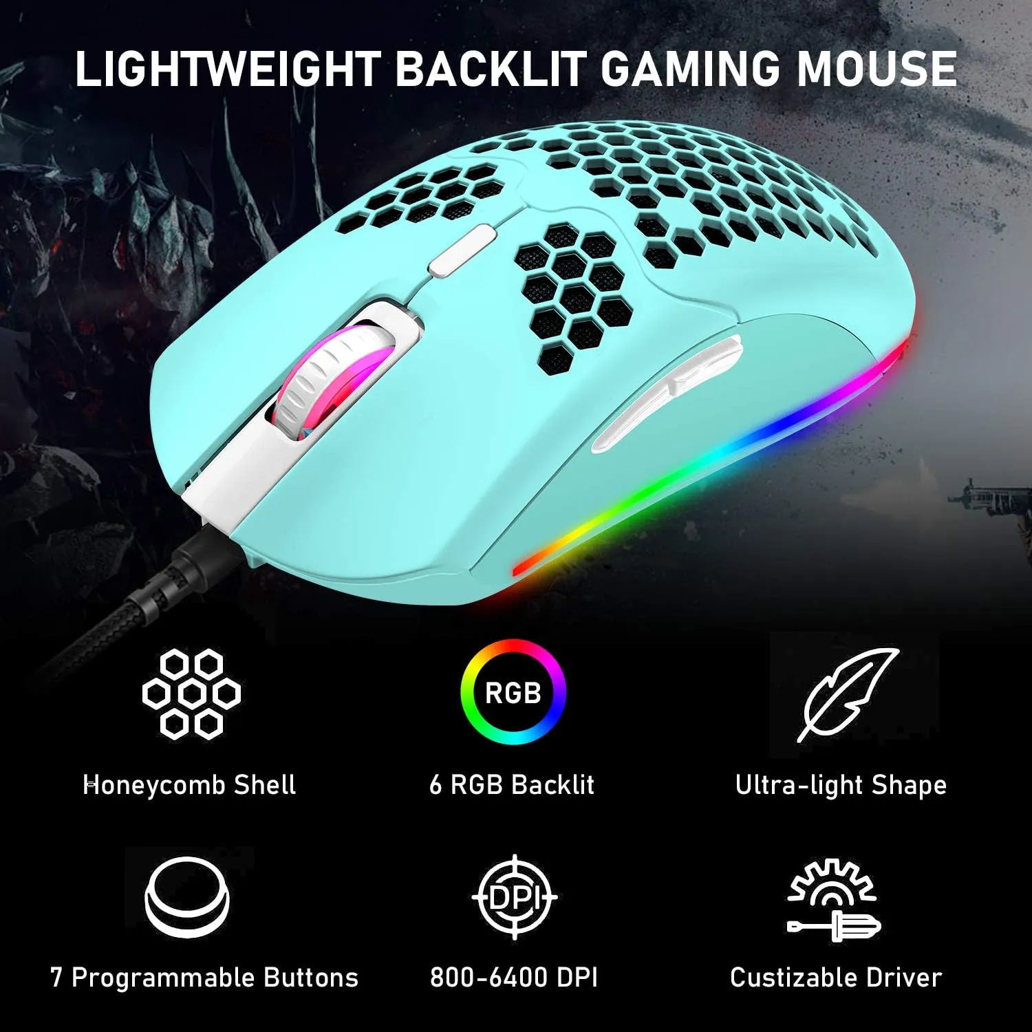 ZIYOU LANG Wired Lightweight Gaming Mouse,6 RGB Backlit Mice with 7 Buttons Programmable Driver,6400DPI Computer Mouse,Ultralight Honeycomb Shell Ultraweave Cable Mouse for PC Gamers,Xbox,PS4(Green)