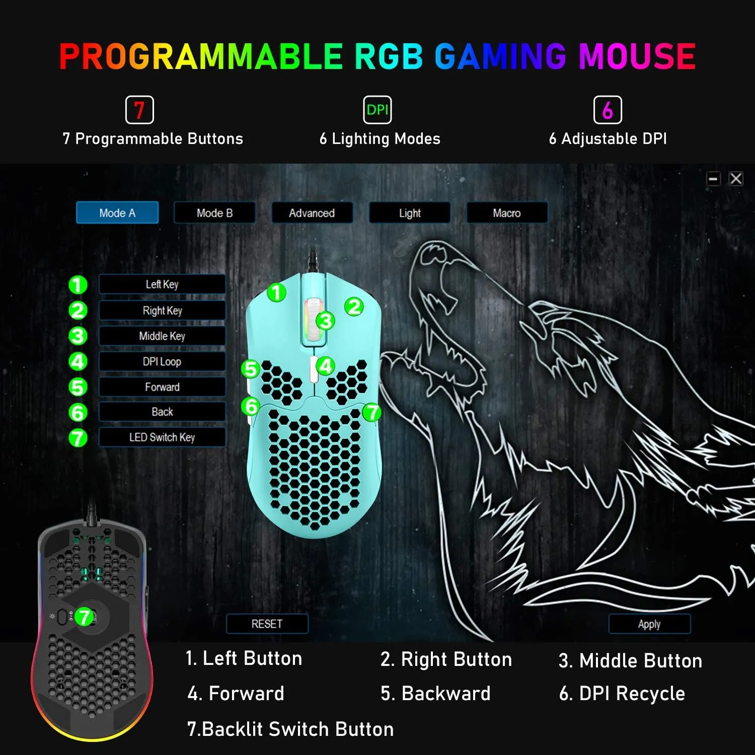 ZIYOU LANG Wired Lightweight Gaming Mouse,6 RGB Backlit Mice with 7 Buttons Programmable Driver,6400DPI Computer Mouse,Ultralight Honeycomb Shell Ultraweave Cable Mouse for PC Gamers,Xbox,PS4(Green)