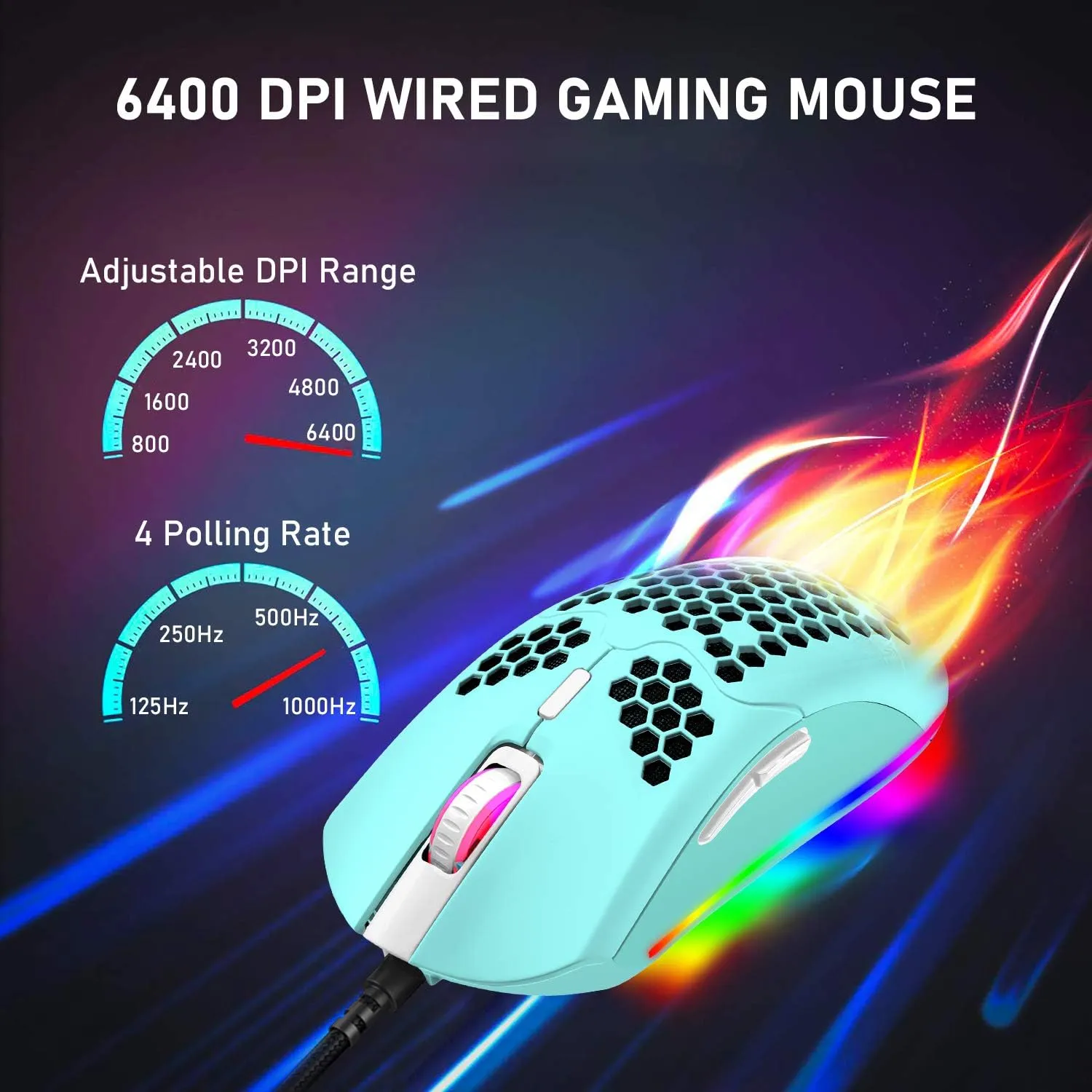 ZIYOU LANG Wired Lightweight Gaming Mouse,6 RGB Backlit Mice with 7 Buttons Programmable Driver,6400DPI Computer Mouse,Ultralight Honeycomb Shell Ultraweave Cable Mouse for PC Gamers,Xbox,PS4(Green)